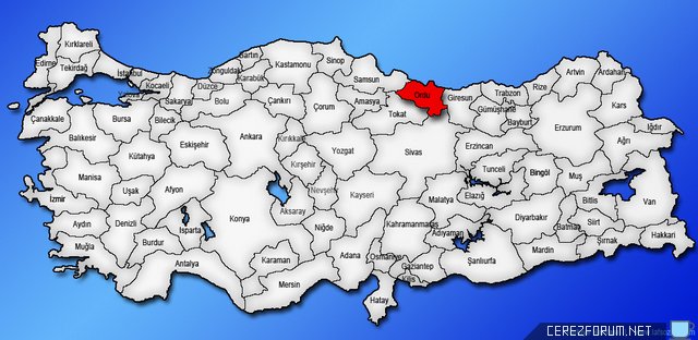 Türkiye haritası üzerinde Ordu ili