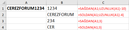 Excel sağdan - soldan formül kullanımı