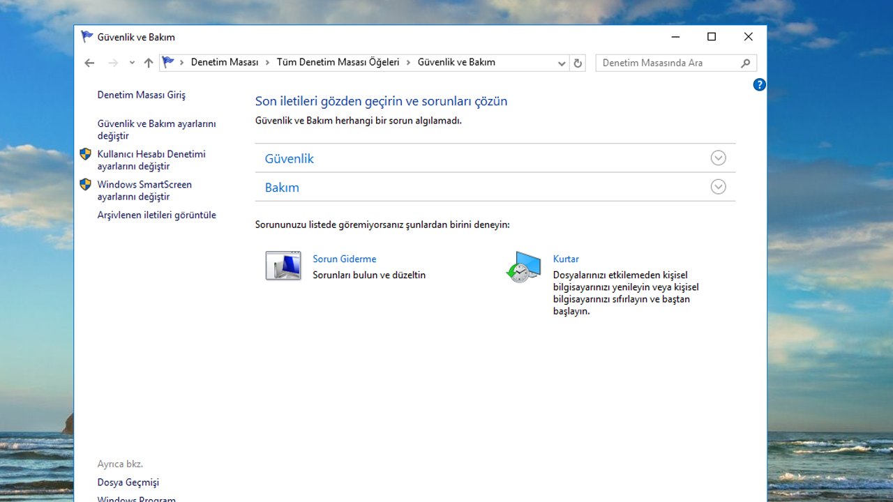 Windows 10 hızlandırma için Güvenlik ve Bakım ayarları