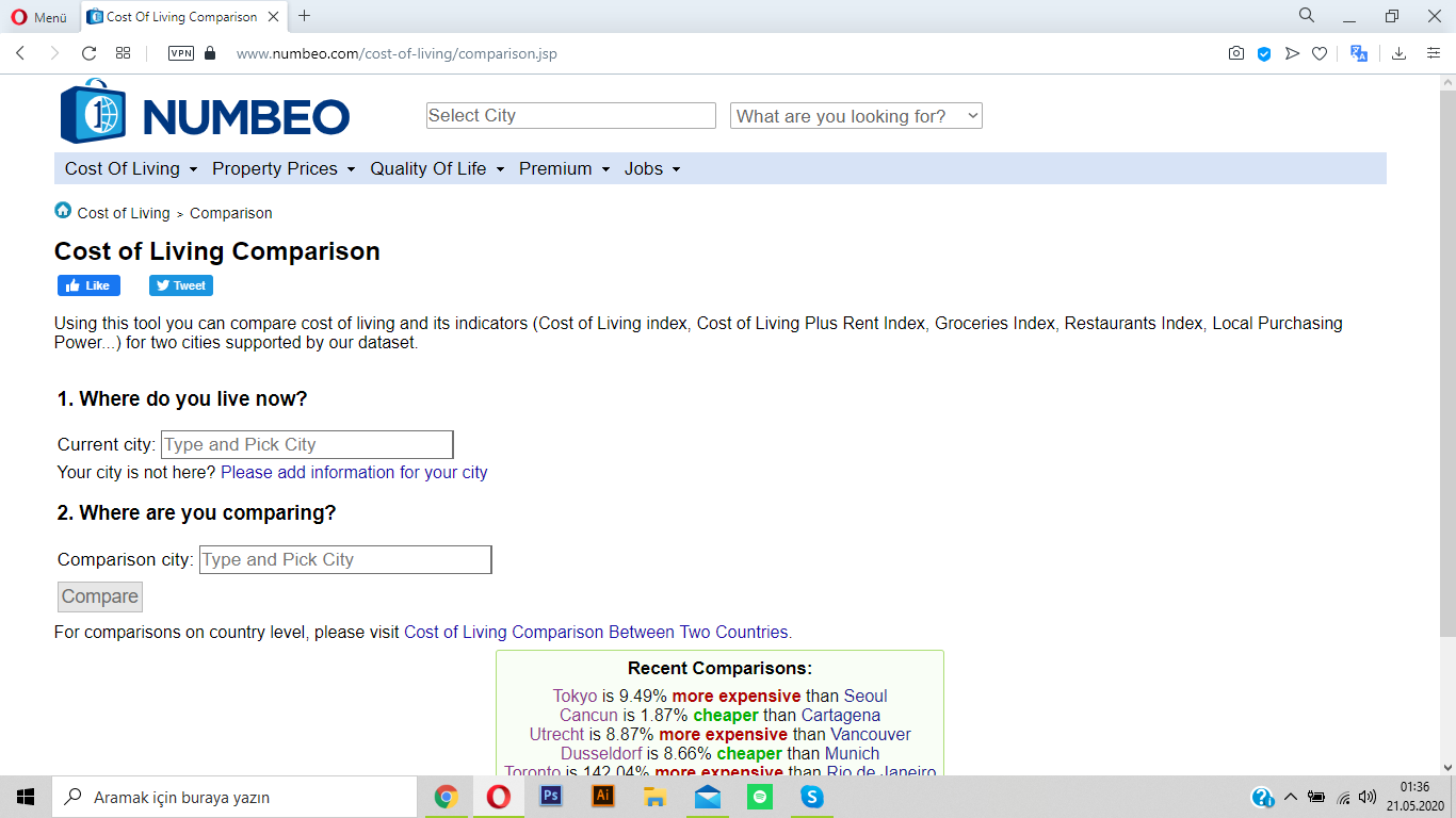 numbeo ile iki şehir arasındaki fiyatları kıyasla